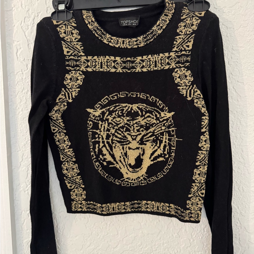 Topshop Black Blouse with Gold Tiger Design
